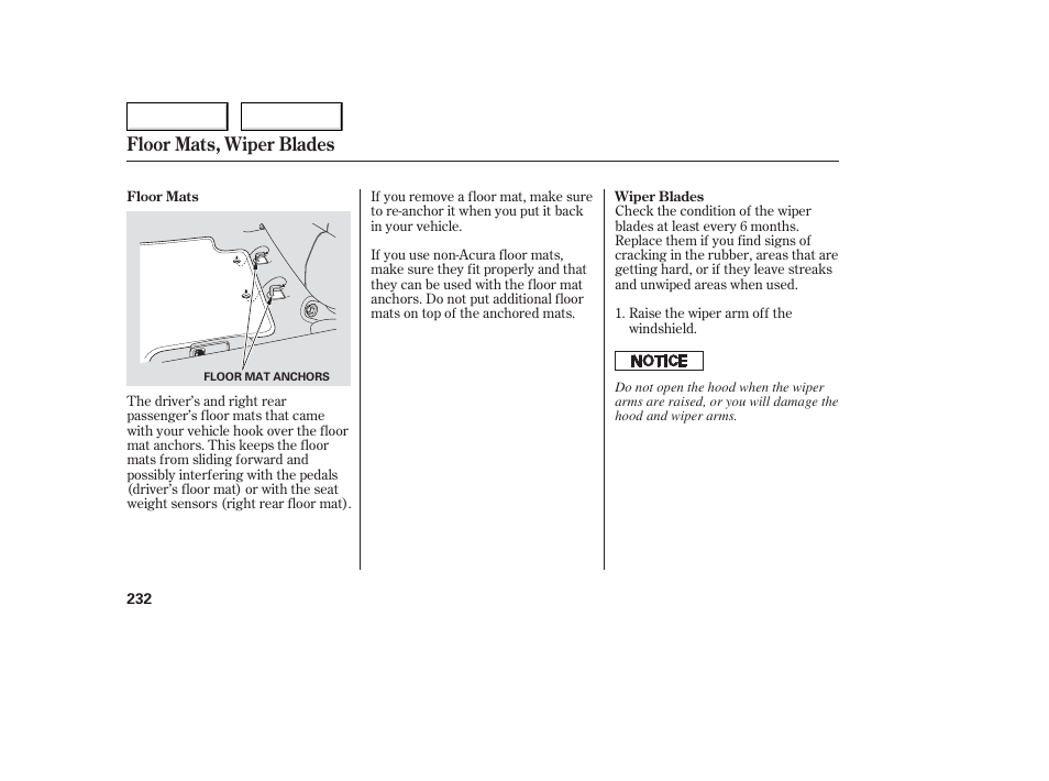 Floor mats, wiper blades | Acura 2006 TL - Owner's Manual User Manual | Page 233 / 295