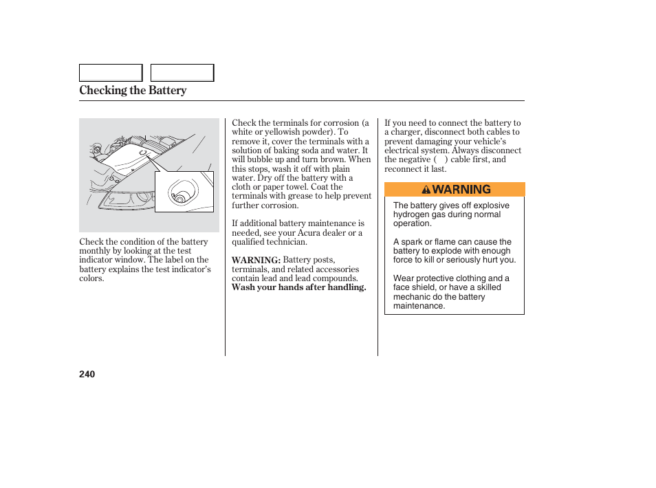 Checking the battery | Acura 2006 TL - Owner's Manual User Manual | Page 241 / 295