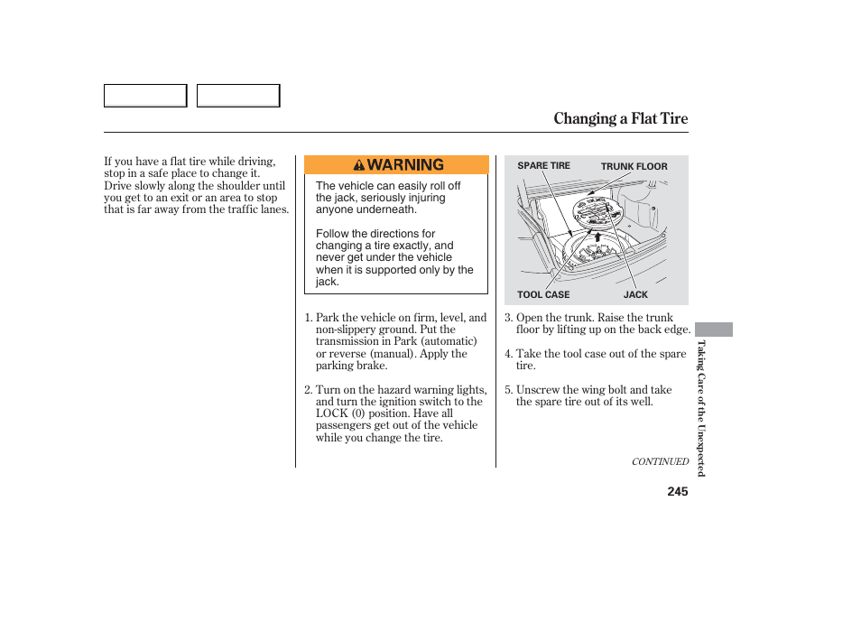Changing a flat tire | Acura 2006 TL - Owner's Manual User Manual | Page 246 / 295