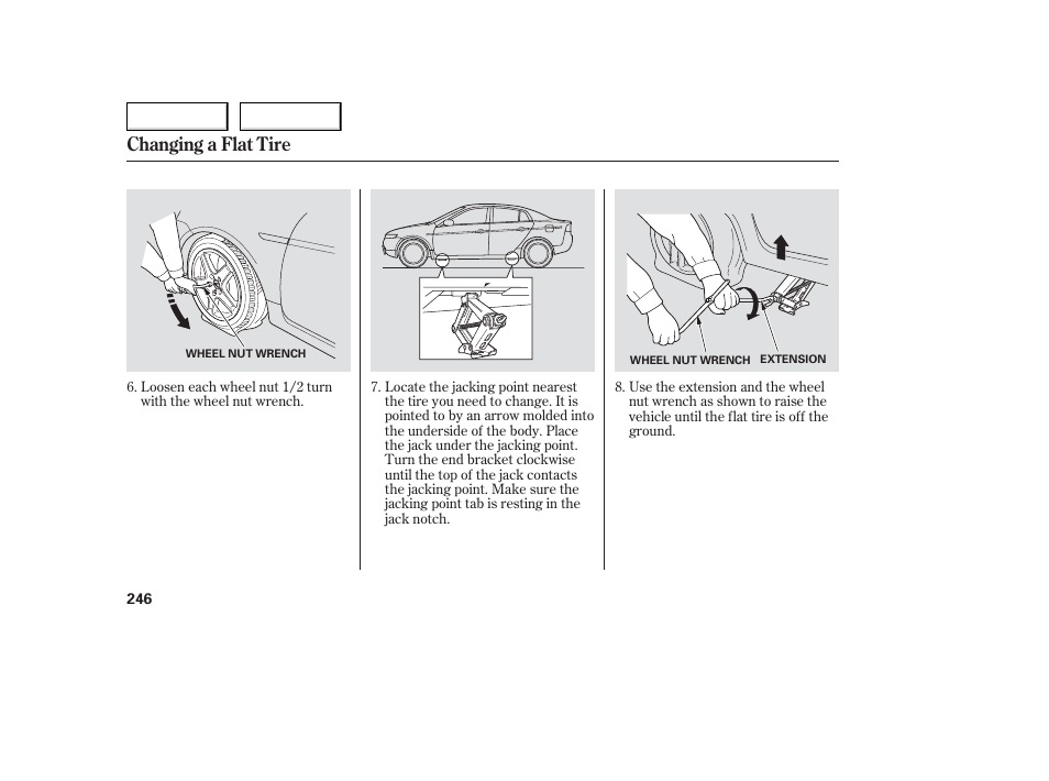Changing a flat tire | Acura 2006 TL - Owner's Manual User Manual | Page 247 / 295