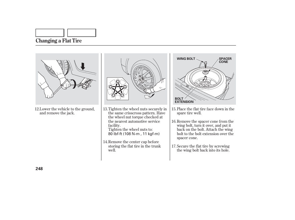 Changing a flat tire | Acura 2006 TL - Owner's Manual User Manual | Page 249 / 295