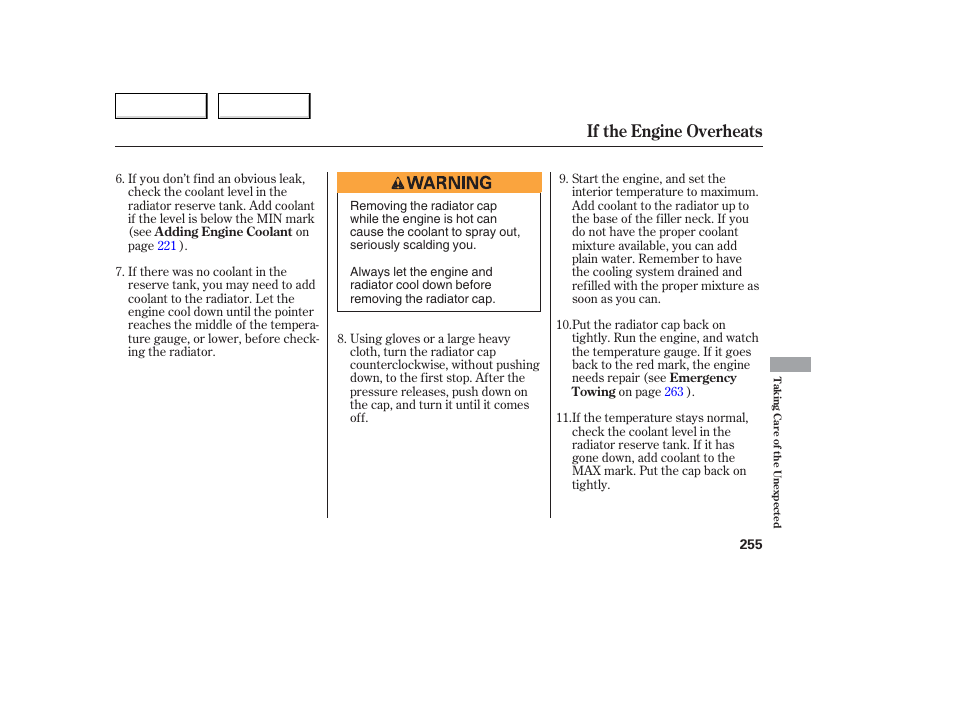 If the engine overheats | Acura 2006 TL - Owner's Manual User Manual | Page 256 / 295