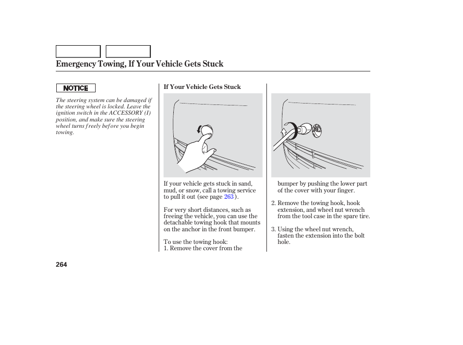 Emergency towing, if your vehicle gets stuck | Acura 2006 TL - Owner's Manual User Manual | Page 265 / 295