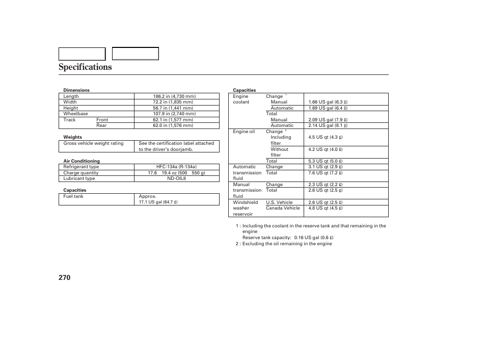 Specifications | Acura 2006 TL - Owner's Manual User Manual | Page 271 / 295