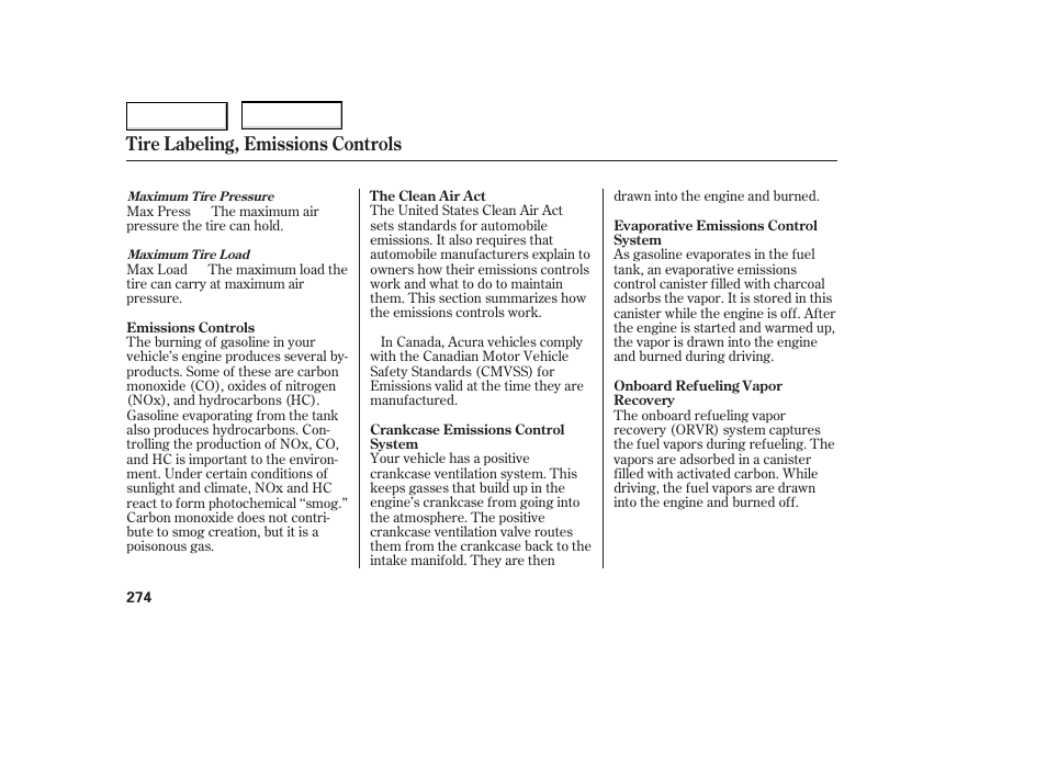 Tire labeling, emissions controls | Acura 2006 TL - Owner's Manual User Manual | Page 275 / 295