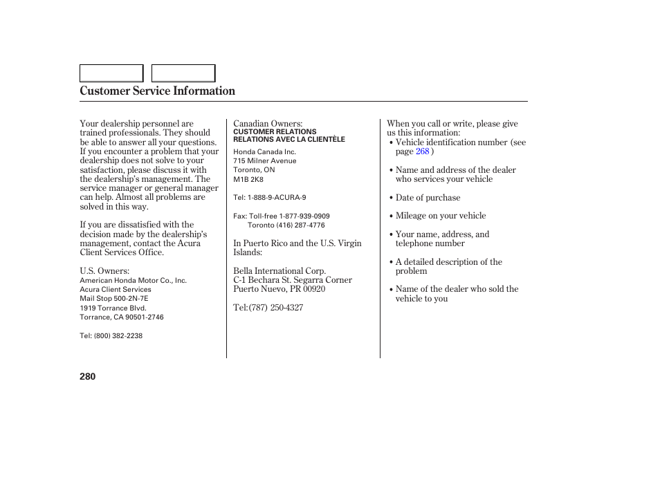 Customer service information | Acura 2006 TL - Owner's Manual User Manual | Page 281 / 295