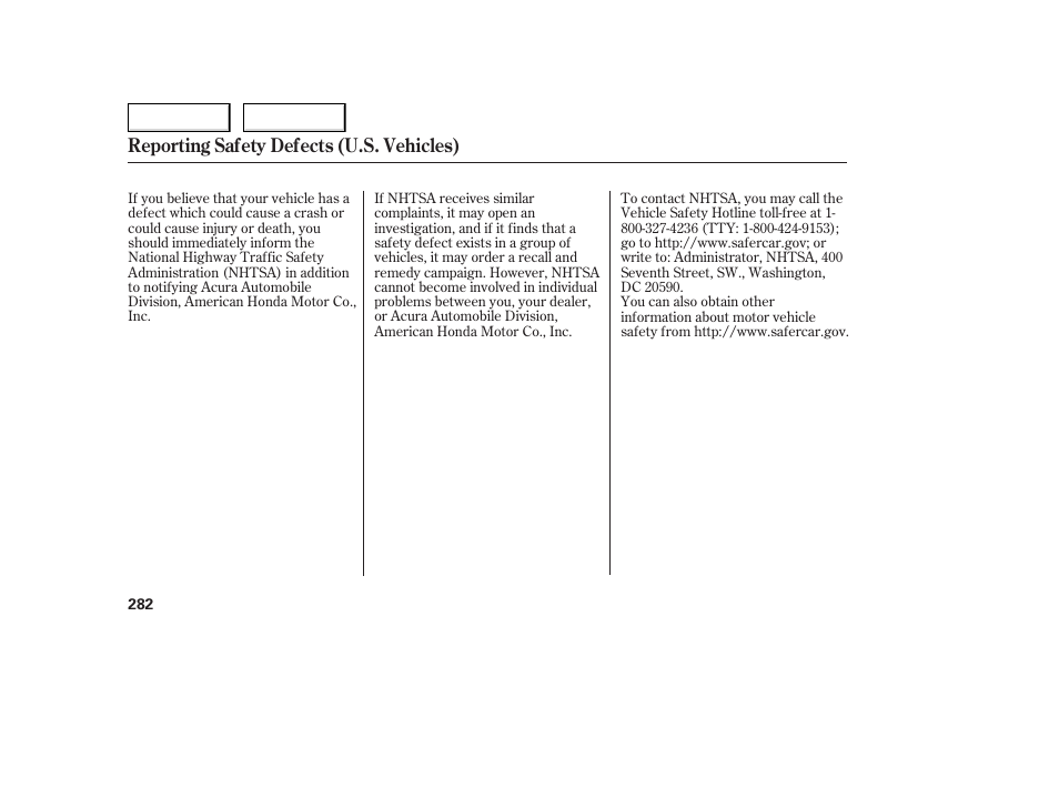 Reporting safety defects (u.s. vehicles) | Acura 2006 TL - Owner's Manual User Manual | Page 283 / 295