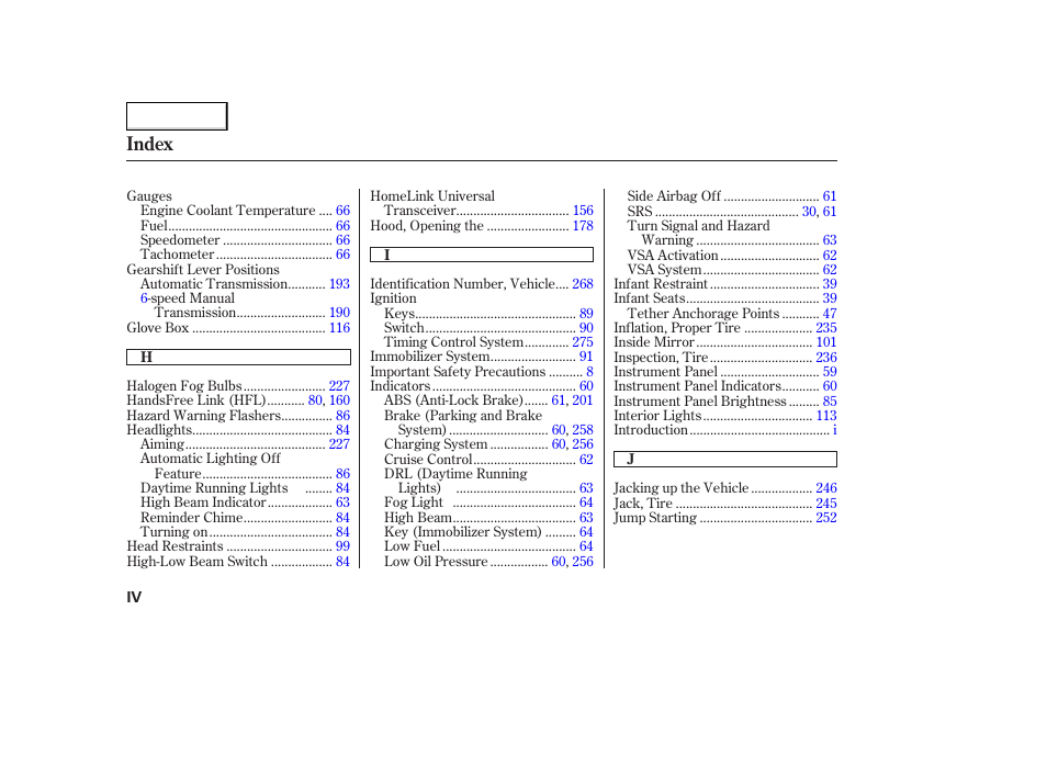 Index | Acura 2006 TL - Owner's Manual User Manual | Page 289 / 295