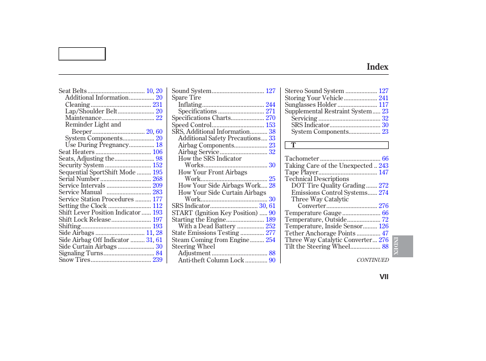 Index | Acura 2006 TL - Owner's Manual User Manual | Page 292 / 295