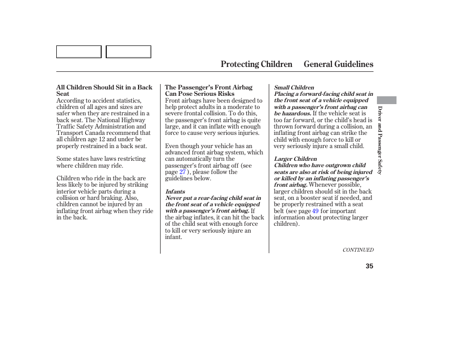 Protecting children general guidelines | Acura 2006 TL - Owner's Manual User Manual | Page 36 / 295