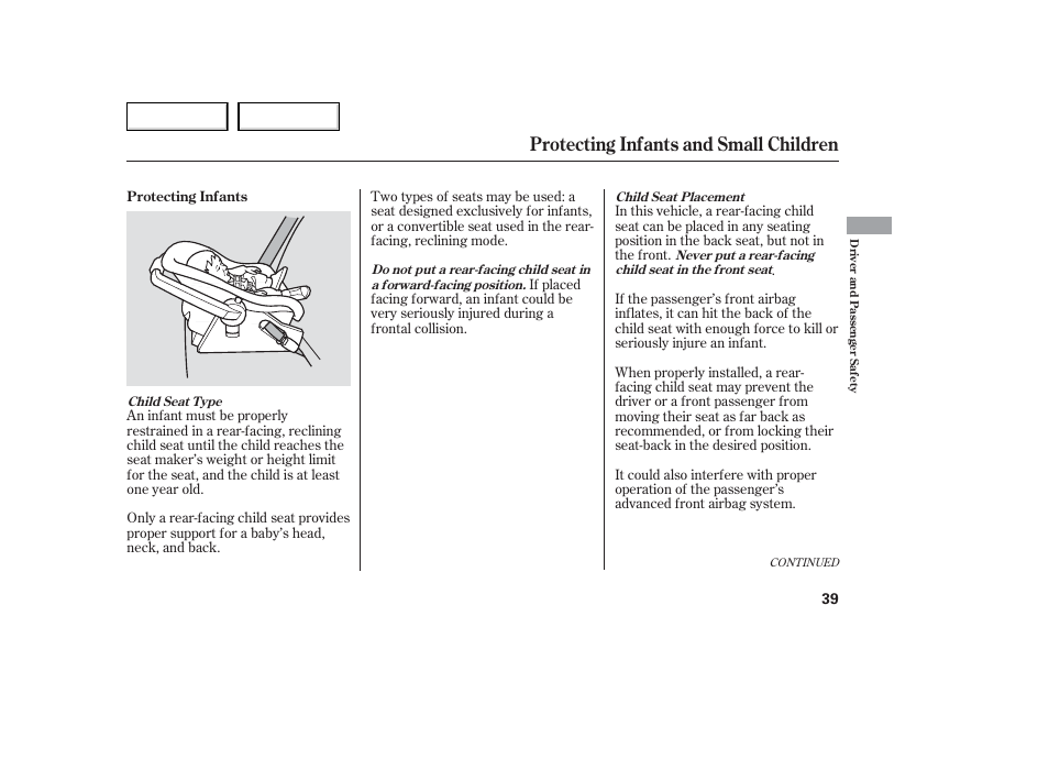 Protecting infants and small children | Acura 2006 TL - Owner's Manual User Manual | Page 40 / 295