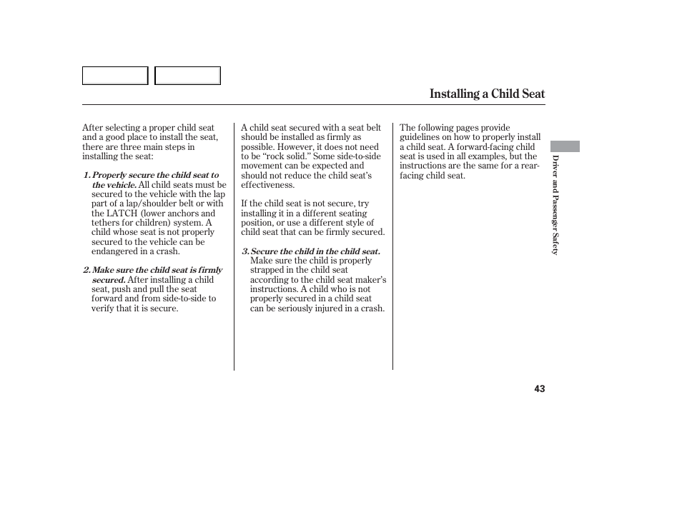 Installing a child seat | Acura 2006 TL - Owner's Manual User Manual | Page 44 / 295