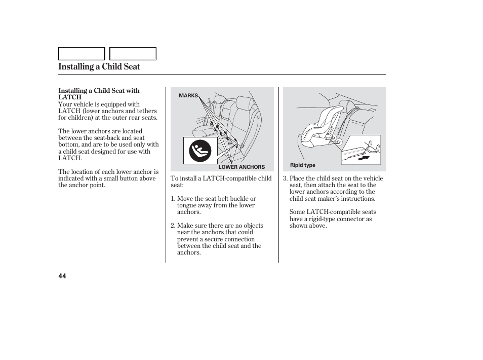 Installing a child seat | Acura 2006 TL - Owner's Manual User Manual | Page 45 / 295