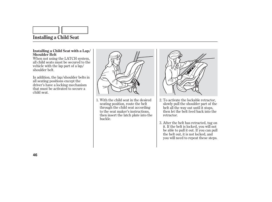 Installing a child seat | Acura 2006 TL - Owner's Manual User Manual | Page 47 / 295