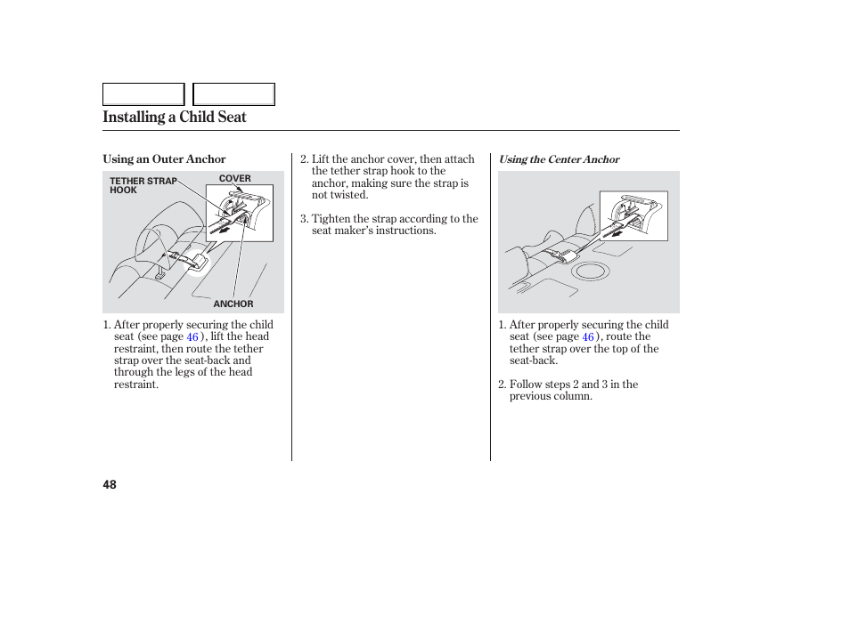 Installing a child seat | Acura 2006 TL - Owner's Manual User Manual | Page 49 / 295