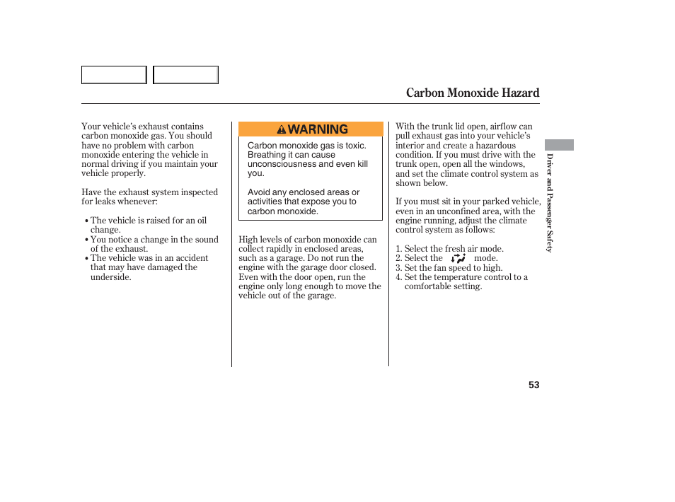 Carbon monoxide hazard | Acura 2006 TL - Owner's Manual User Manual | Page 54 / 295