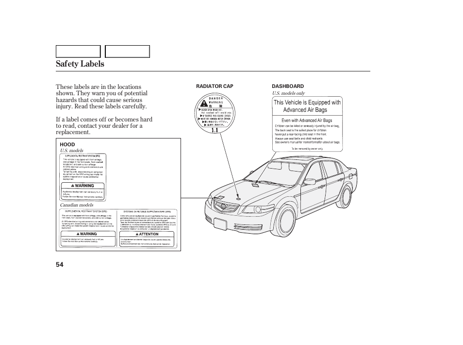 Safety labels | Acura 2006 TL - Owner's Manual User Manual | Page 55 / 295