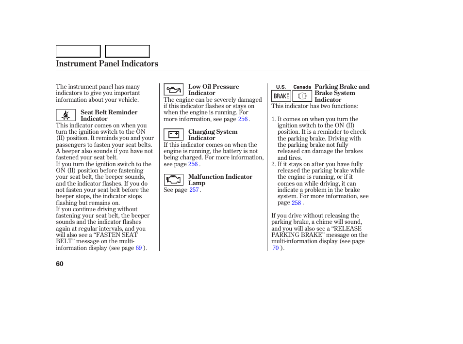Instrument panel indicators | Acura 2006 TL - Owner's Manual User Manual | Page 61 / 295