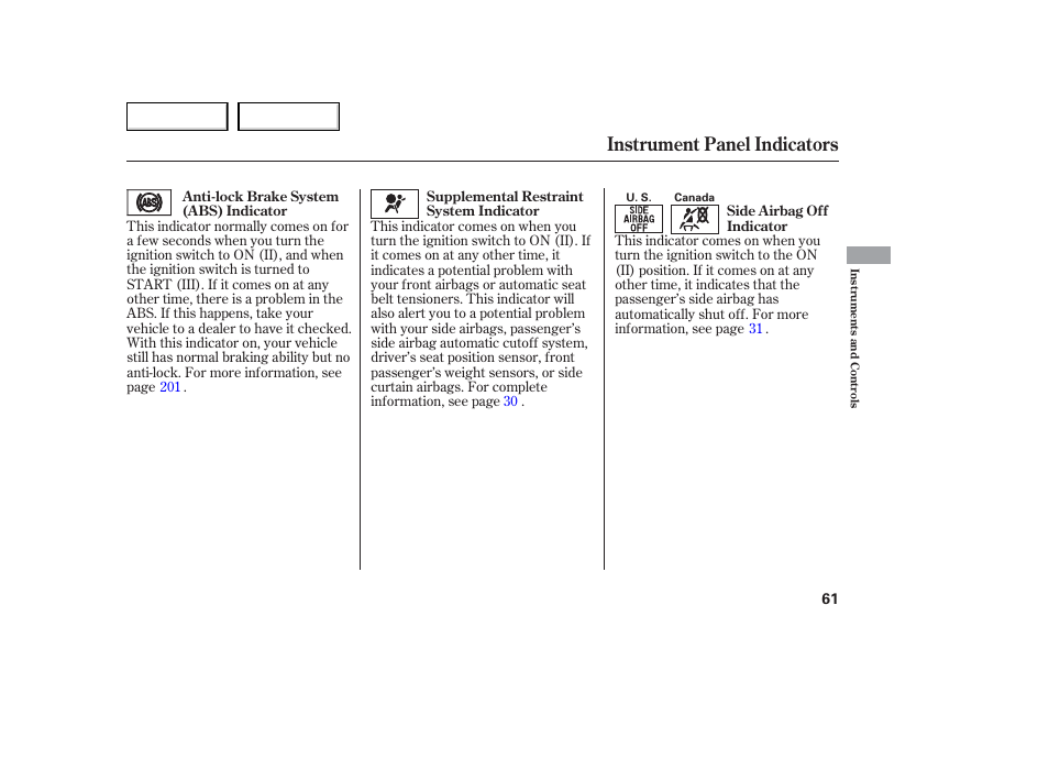Instrument panel indicators | Acura 2006 TL - Owner's Manual User Manual | Page 62 / 295