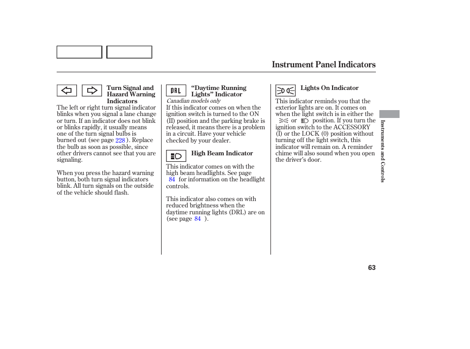 Instrument panel indicators | Acura 2006 TL - Owner's Manual User Manual | Page 64 / 295