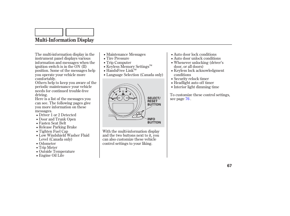 Multi-information display | Acura 2006 TL - Owner's Manual User Manual | Page 68 / 295