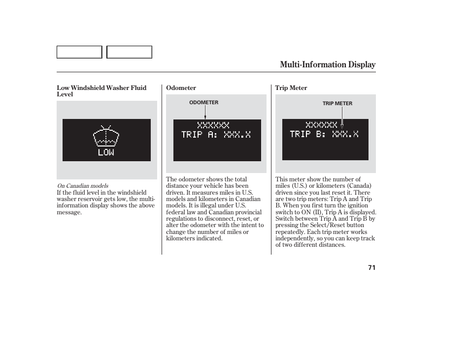 Multi-information display | Acura 2006 TL - Owner's Manual User Manual | Page 72 / 295