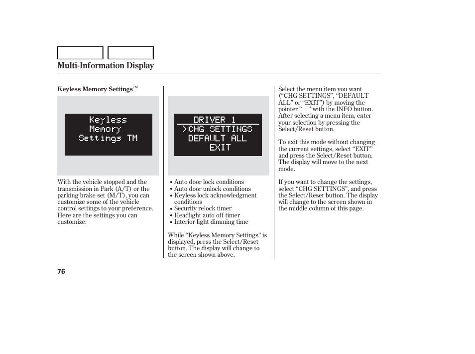 Multi-information display | Acura 2006 TL - Owner's Manual User Manual | Page 77 / 295