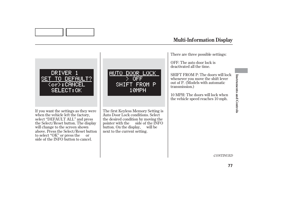 Multi-information display | Acura 2006 TL - Owner's Manual User Manual | Page 78 / 295