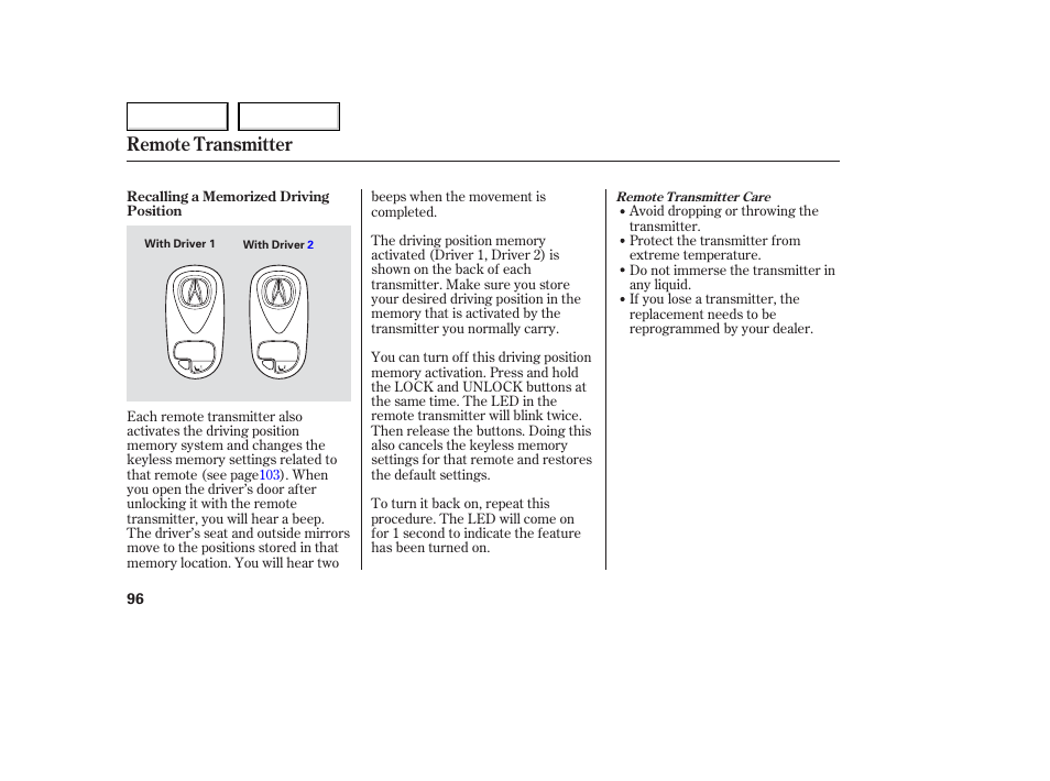Remote transmitter | Acura 2006 TL - Owner's Manual User Manual | Page 97 / 295