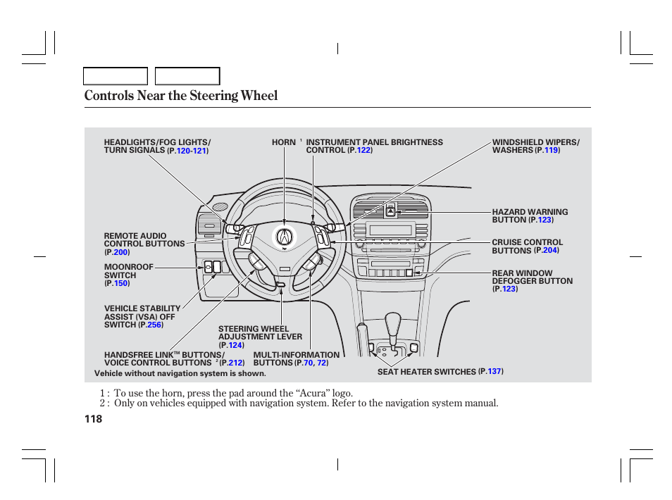 Controls near the steering wheel | Acura 2006 TSX - Owner's Manual User Manual | Page 119 / 366