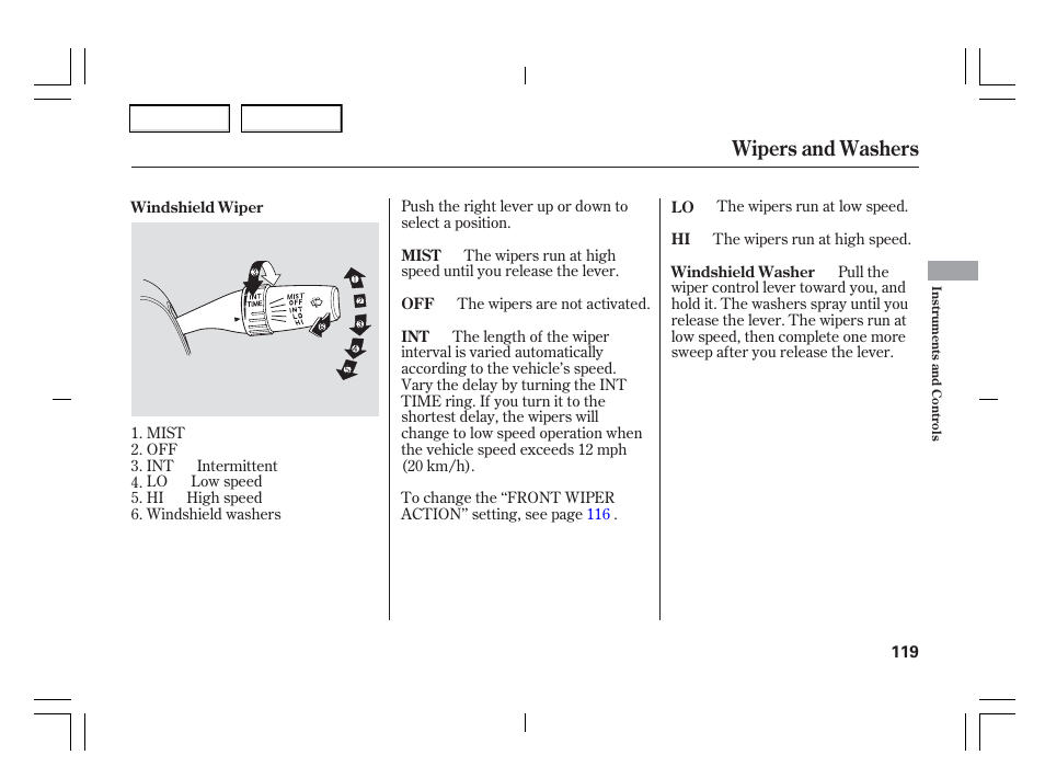 Wipers and washers | Acura 2006 TSX - Owner's Manual User Manual | Page 120 / 366