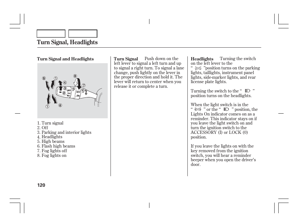Turn signal, headlights | Acura 2006 TSX - Owner's Manual User Manual | Page 121 / 366
