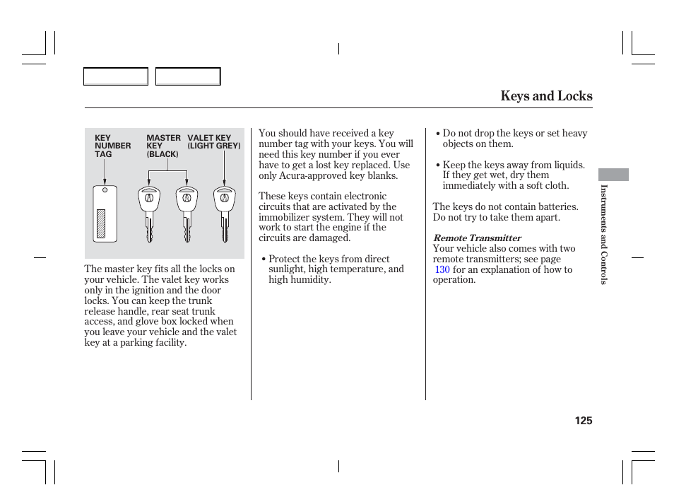 Keys and locks | Acura 2006 TSX - Owner's Manual User Manual | Page 126 / 366