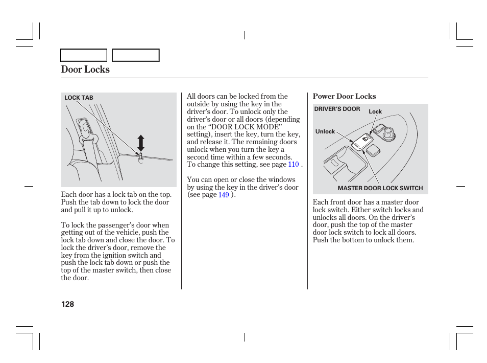 Door locks | Acura 2006 TSX - Owner's Manual User Manual | Page 129 / 366