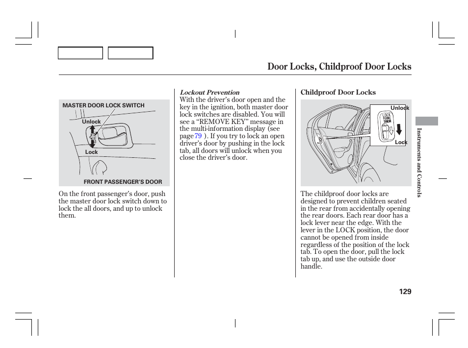 Door locks, childproof door locks | Acura 2006 TSX - Owner's Manual User Manual | Page 130 / 366