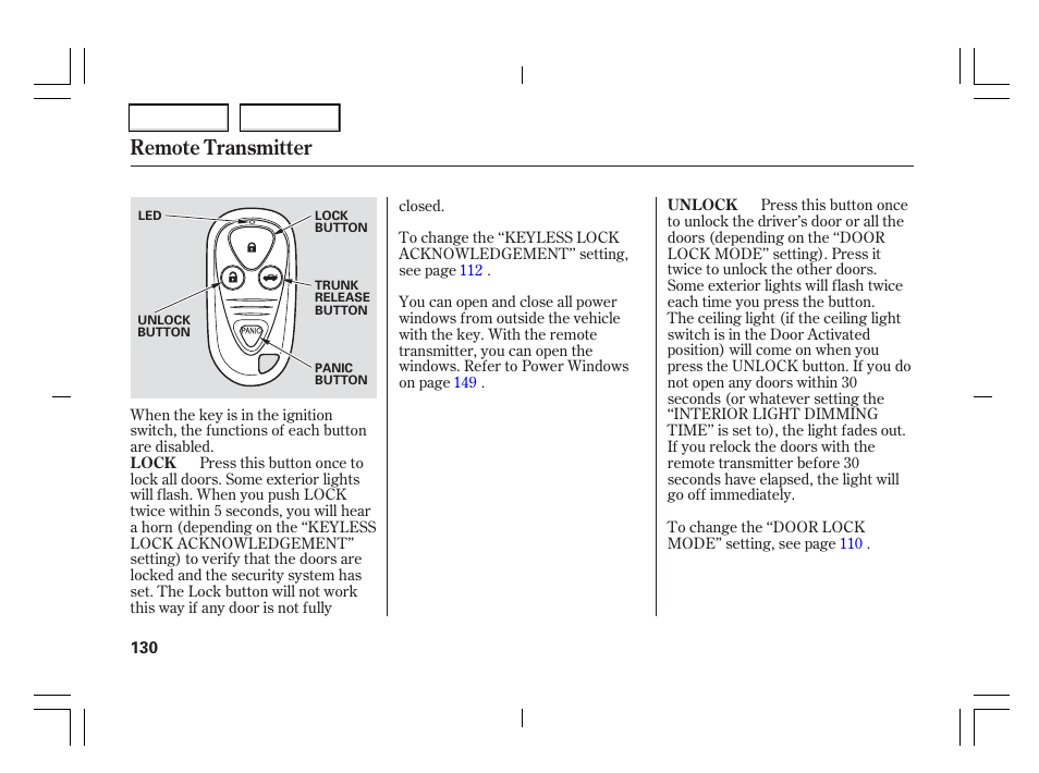 Remote transmitter | Acura 2006 TSX - Owner's Manual User Manual | Page 131 / 366