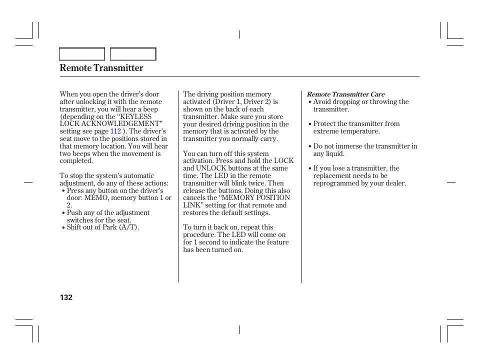 Remote transmitter | Acura 2006 TSX - Owner's Manual User Manual | Page 133 / 366