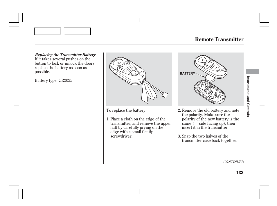 Remote transmitter | Acura 2006 TSX - Owner's Manual User Manual | Page 134 / 366