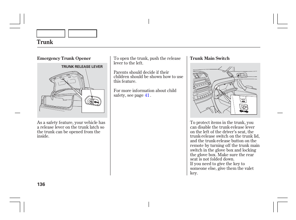 Trunk | Acura 2006 TSX - Owner's Manual User Manual | Page 137 / 366