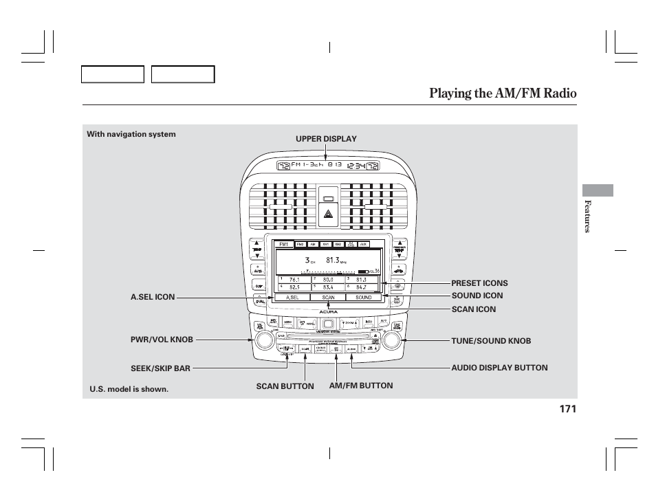 Playing the am/fm radio | Acura 2006 TSX - Owner's Manual User Manual | Page 172 / 366