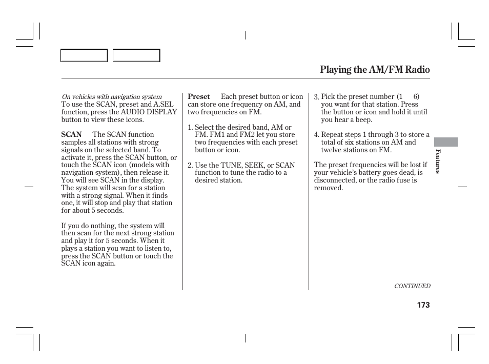 Playing the am/fm radio | Acura 2006 TSX - Owner's Manual User Manual | Page 174 / 366