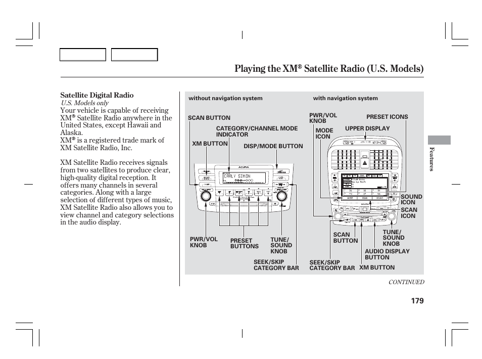 Playing the xm satellite radio (u.s. models) | Acura 2006 TSX - Owner's Manual User Manual | Page 180 / 366