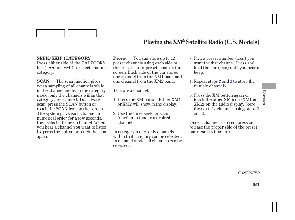 Playing the xm satellite radio (u.s. models) | Acura 2006 TSX - Owner's Manual User Manual | Page 182 / 366