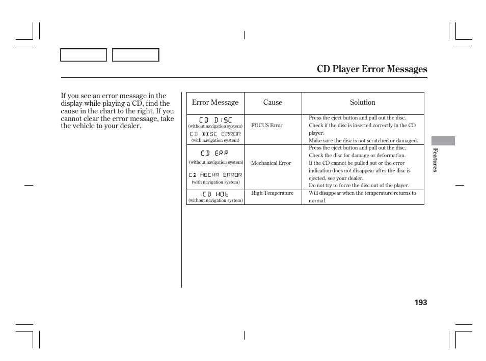 Cd player error messages | Acura 2006 TSX - Owner's Manual User Manual | Page 194 / 366