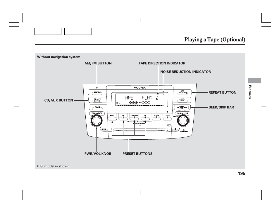 Playing a tape (optional) | Acura 2006 TSX - Owner's Manual User Manual | Page 196 / 366