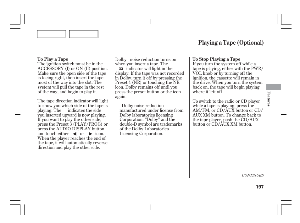 Playing a tape (optional) | Acura 2006 TSX - Owner's Manual User Manual | Page 198 / 366