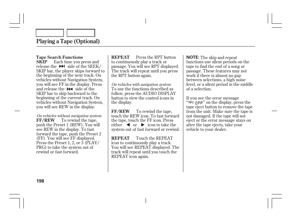 Playing a tape (optional) | Acura 2006 TSX - Owner's Manual User Manual | Page 199 / 366