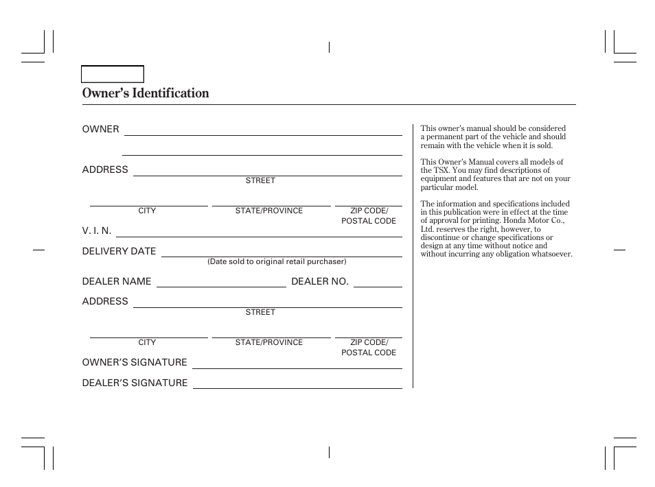 Owner's identification form, Owner’s identification | Acura 2006 TSX - Owner's Manual User Manual | Page 2 / 366