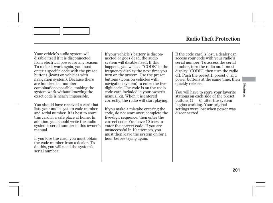 Radio theft protection | Acura 2006 TSX - Owner's Manual User Manual | Page 202 / 366