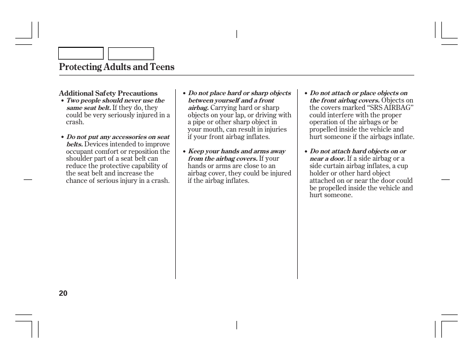 Protecting adults and teens | Acura 2006 TSX - Owner's Manual User Manual | Page 21 / 366